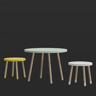 Modern Yellow Light Green And White Stools With Wooden Legs And Round Seats 3d model