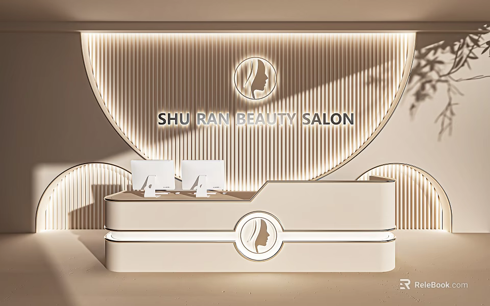 Modern Beauty Salon Reception Desk With Sleek Design And Vertical Stripe Background 3d model 