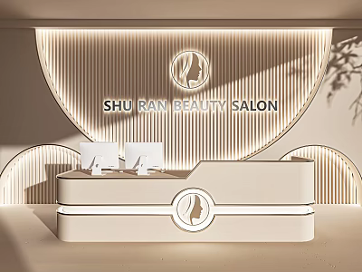 Modern Beauty Salon Reception Desk With Sleek Design And Vertical Stripe Background 3d model