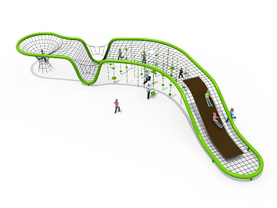Green Curved Play Equipment with Climbing Net and Slide for Children Playing 3d model