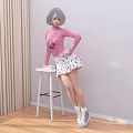 Gray Haired Woman In Pink Turtleneck Sweater And White Polka Dot Skirt Leaning On Stool