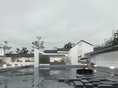 Modern Courtyard Architecture With White Buildings Water Pool Reflections And Green Plants 3d model