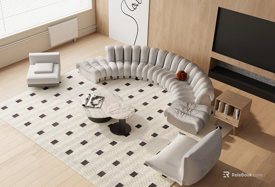 Modern Curved Sofa and Round Coffee Table Set With Geometric Rug in Living Room Interior 3d model 