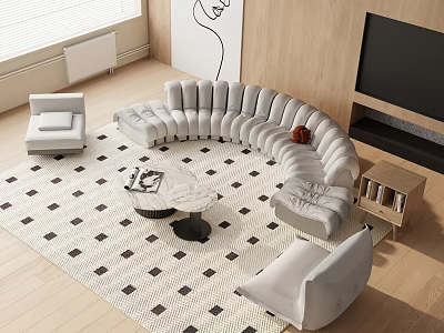 Modern Curved Sofa and Round Coffee Table Set With Geometric Rug in Living Room Interior 3d model