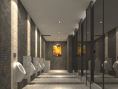 Public Restroom Interior With White Urinals Gray Brick Walls Light Tile Flooring And Recessed Lighting 3d model