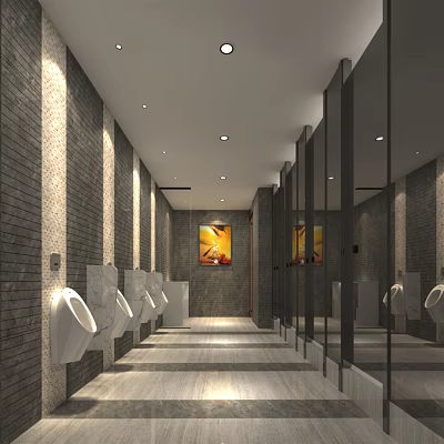 Public Restroom Interior With White Urinals Gray Brick Walls Light Tile Flooring And Recessed Lighting 3d model