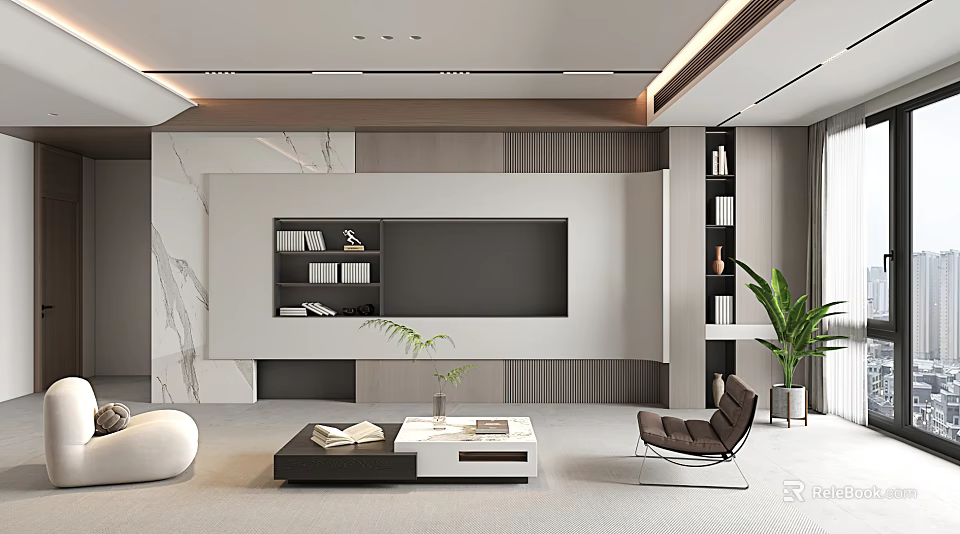 Modern Living Room Interior With TV Wall Bookshelves Coffee Table Leather Chair And Potted Plant 3d model 