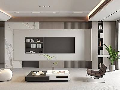 Modern Living Room Interior With TV Wall Bookshelves Coffee Table Leather Chair And Potted Plant 3d model