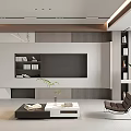 Modern Living Room Interior With TV Wall Bookshelves Coffee Table Leather Chair And Potted Plant