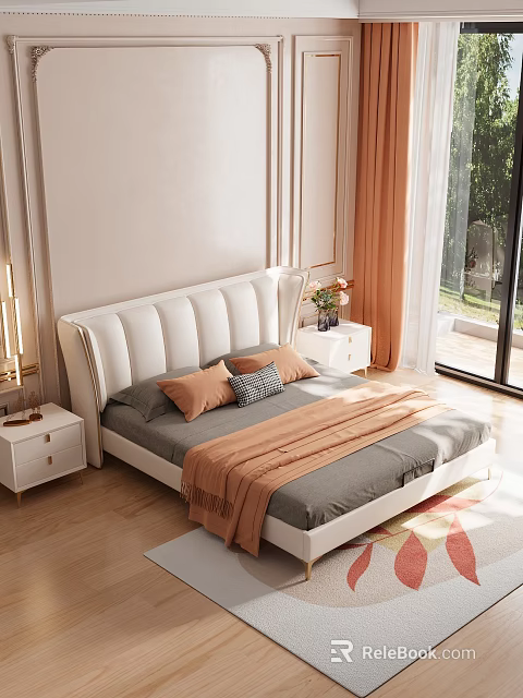 White Upholstered Double Bed With Gray Bedspread Orange Cushion Patterned Pillow And Nightstands 3d model 