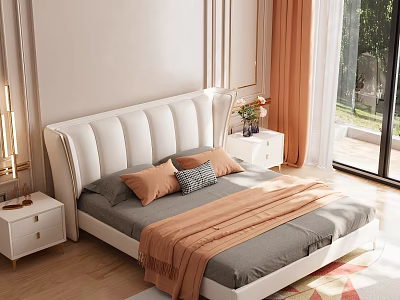 White Upholstered Double Bed With Gray Bedspread Orange Cushion Patterned Pillow And Nightstands 3d model