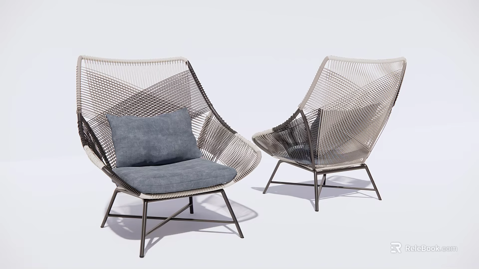 Modern Woven Outdoor Chairs With Gray Cushions And Metal Frame Design 3d model 