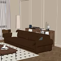 Brown Leather Multi Seater Sofa In Living Room With Coffee Table And Diamond Pattern Rug