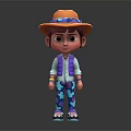 Cartoon Character Front Back Views Brown Hat Colorful Band Purple Vest Blue Pants Patterns