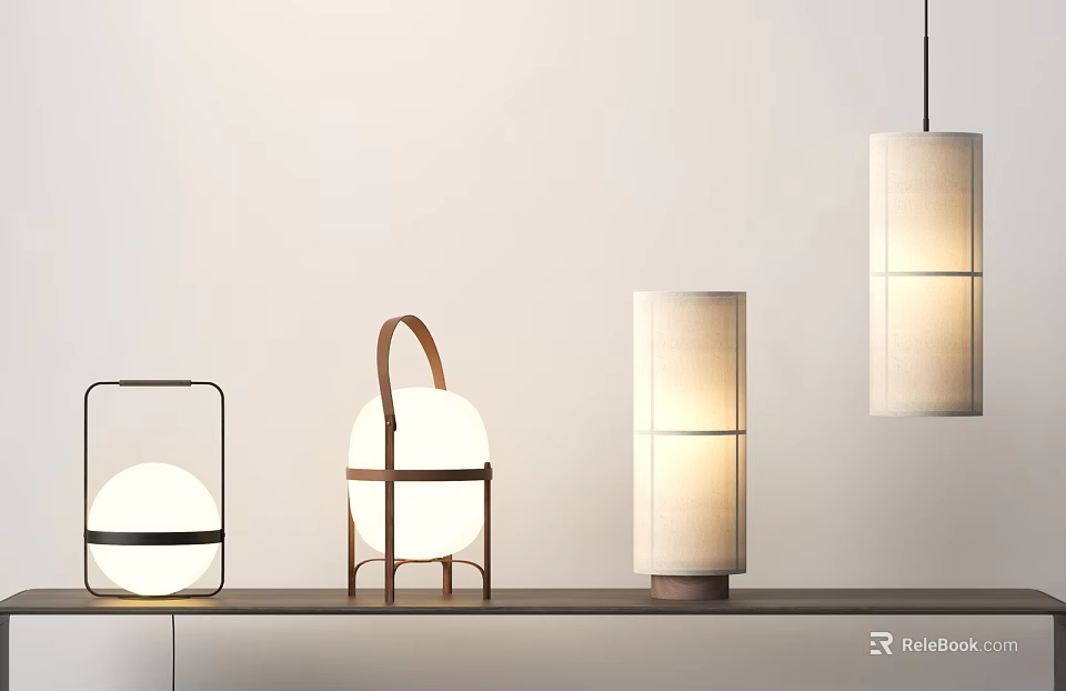 Modern Minimalist Lighting Fixture Set With Wooden Frames Fabric Shades Table Lamps And Pendant Lights 3d model 