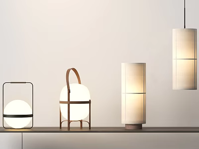 Modern Minimalist Lighting Fixture Set With Wooden Frames Fabric Shades Table Lamps And Pendant Lights 3d model