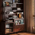 Dark Wood Storage Lockers With Drawers Items On Top And Side Bookshelves In Natural Light