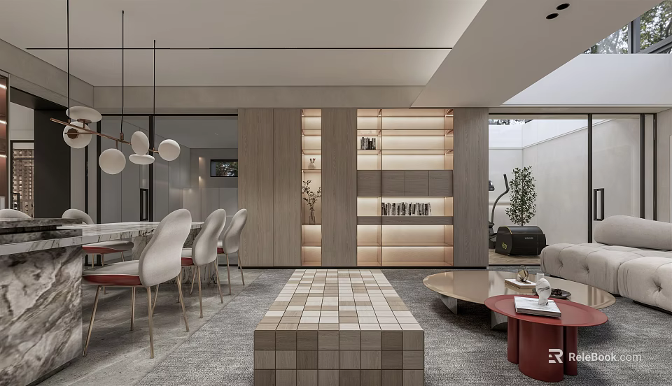 Modern Basement Interior Design With Sofa Coffee Table And Wooden Shelves 3d model 