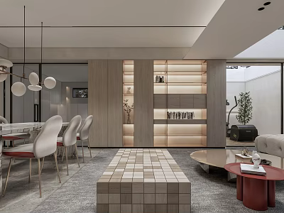 Modern Basement Interior Design With Sofa Coffee Table And Wooden Shelves 3d model