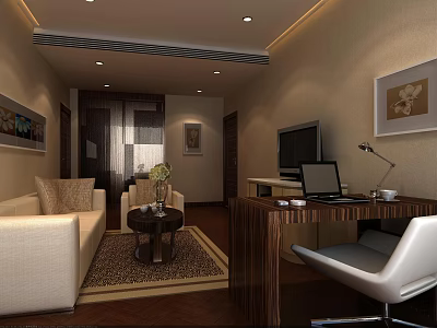 Modern Hotel Room Interior With Sofa Coffee Table Desk Chair TV And Decorative Paintings 3d model