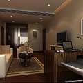 Modern Hotel Room Interior With Sofa Coffee Table Desk Chair TV And Decorative Paintings