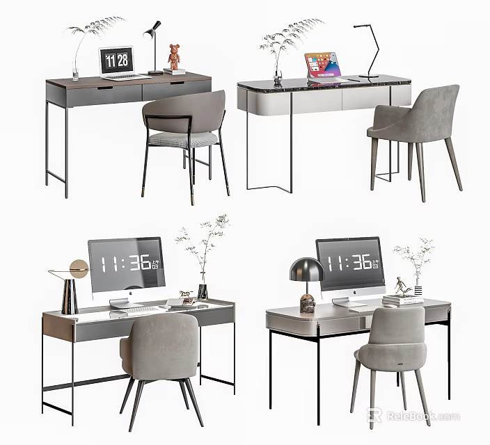 Modern Home Office Desk Setup With Chair Lamp Computer Monitor And Decorations 3d model 