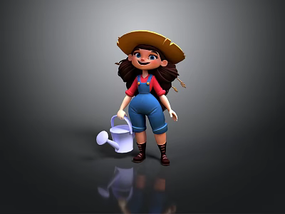 Cute Child Girl Wearing Straw Hat Red Shirt Blue Overalls Holding Watering Can 3d model