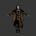 Mystical Ritual Character With Horned Mask Fur Trimmed Robe And Decorative Pendants