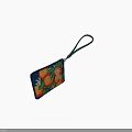 Fashionable Embroidered Clutch Bag With Orange White Flower Pattern Navy Blue Background And Green Wristlet