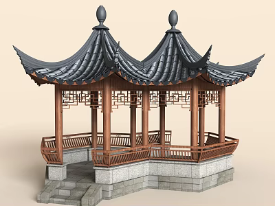 Traditional Chinese Pavilion With Double Curved Roof Black Tiles Wooden Railings Stone Base And Steps 3d model