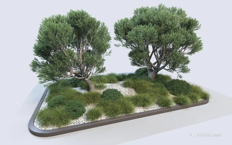 Small Garden Ornament with Trees Bushes Green Grass and White Pebbles in Rectangular Planter 3d model