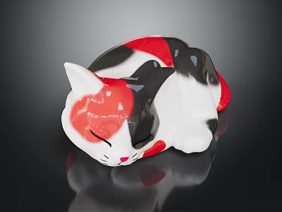 Decorative Cat Figurine Furniture Piece With Red Black White Glossy Ceramic Design 3d model