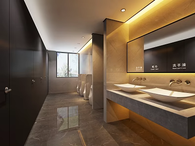 Clean Modern Public Restroom Interior Featuring Marble Countertop Double Sinks Large Mirror And Warm Lighting 3d model