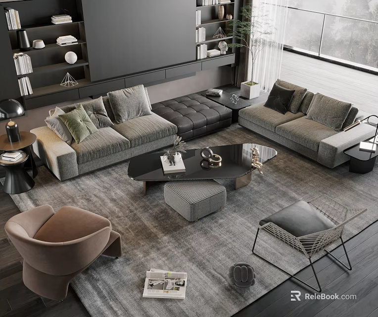 Modern Luxury Gray Sofa And Black Coffee Table Set With Area Rug Accent Chairs 3d model 