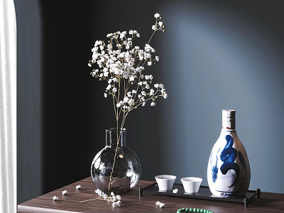Blue And White Wine Bottle With Ceramic Cups On Table 3d model