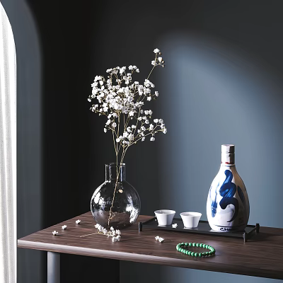 Blue And White Wine Bottle With Ceramic Cups On Table 3d model