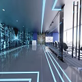 Modern Exhibition Hall With Geometric Ceiling Lights White Podiums And Digital Screens