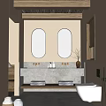 Hotel Bathroom With Double Oval Mirrors Wooden Ceiling Concrete Vanity And Natural Light