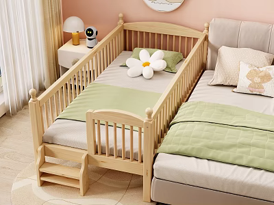 Cozy Light Wooden Kids Bed Design With Green Sheet White Flower And Steps 3d model