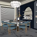 Elegant Restaurant Interior With Dark Blue Walls Arched Niche Marble Table And Blue Gold Chairs