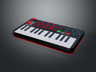 Portable Black Red MIDI Controller Keyboard With Piano Keys Drum Pads And Knobs 3d model