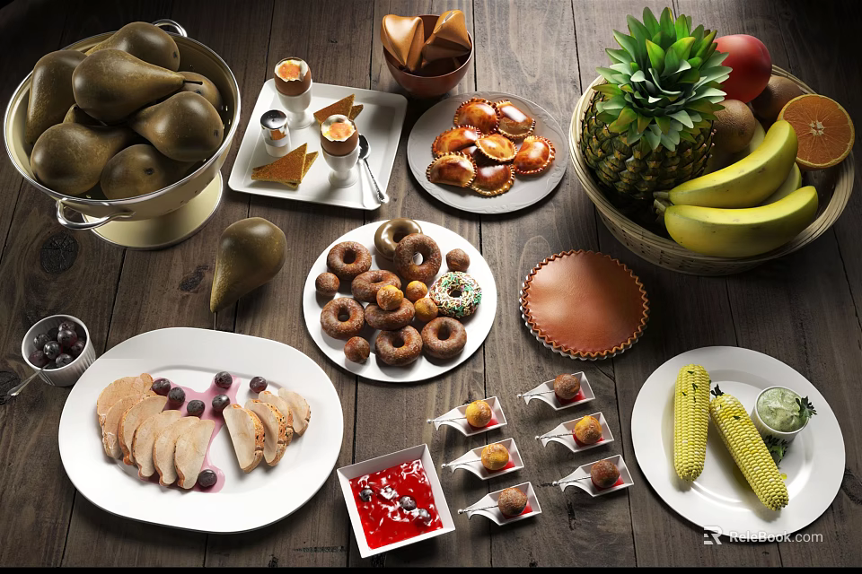 Delicious Assorted Food Platter With Fresh Fruits Donuts Chicken And Corn 3d model 
