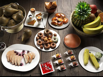 Delicious Assorted Food Platter With Fresh Fruits Donuts Chicken And Corn 3d model