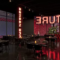 Modern Bar Interior With Red Black Striped Walls Large Screen And Neon Light