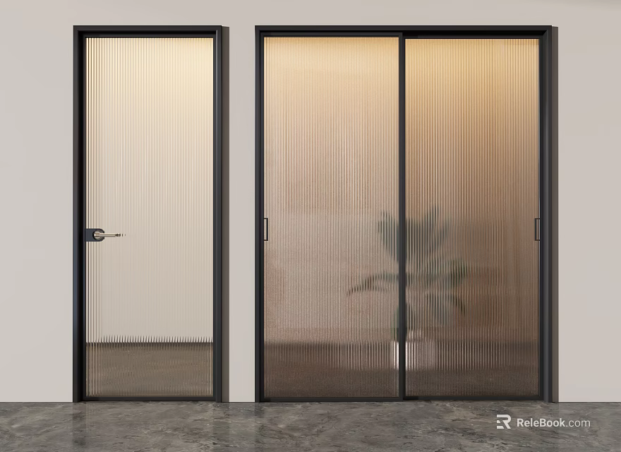 Modern Interior Sliding Doors With Ribbed Glass And Black Frames 3d model