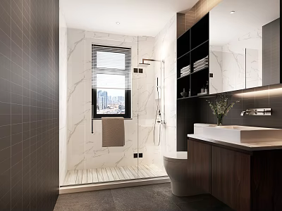 Modern Bathroom Interior With Marble Walls Glass Shower And Wooden Vanity Mirror 3d model