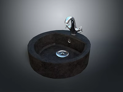 Round Black Stone Sink With Silver Faucet For Kitchen Food Preparation 3d model