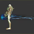 Robot Character With Green Gold Armor Glowing Head Arm Device And Blue Energy Orb