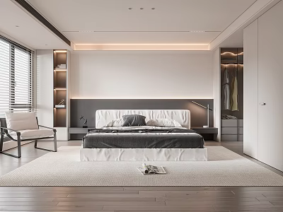 Modern Bedroom Interior With White Bed Wooden Floor Blinds Armchair Lamp And Shelves 3d model