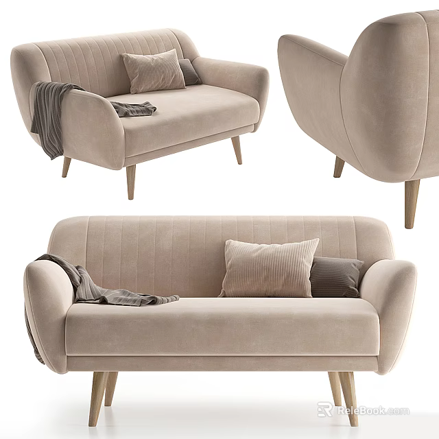Modern Beige Velvet Multi Seater Sofa With Accent Pillows Throw Blanket And Wooden Legs 3d model 